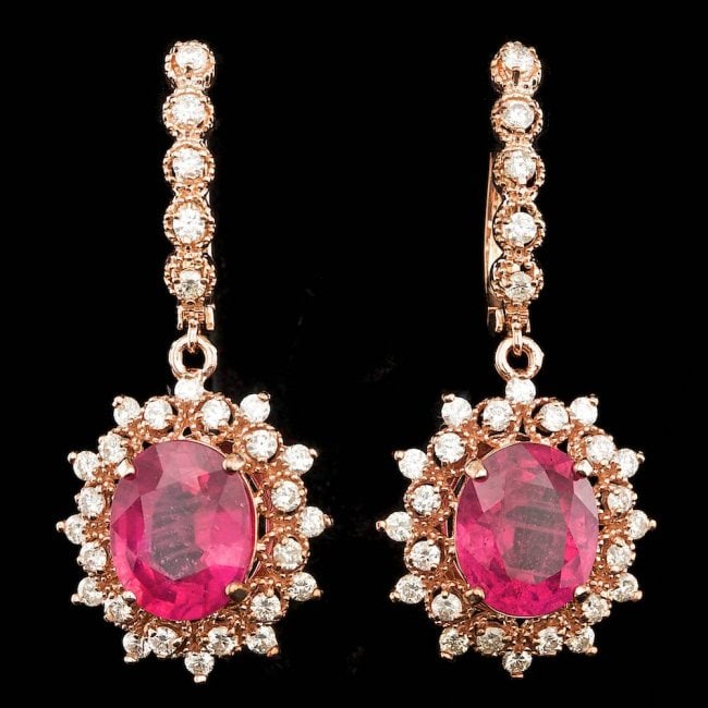 14k Rose Gold 9.00ct Ruby 1.60ct Diamond Earrings: Retail: $14,500.00 ****** 14k Rose Gold 9.00ct Ruby 1.60ct Diamond Earrings ****** Metal: 14k Solid Rose Gold / Total Item Weight: 9.5 grams / Country Made: United States / / Main Stone: Ruby / Color:
