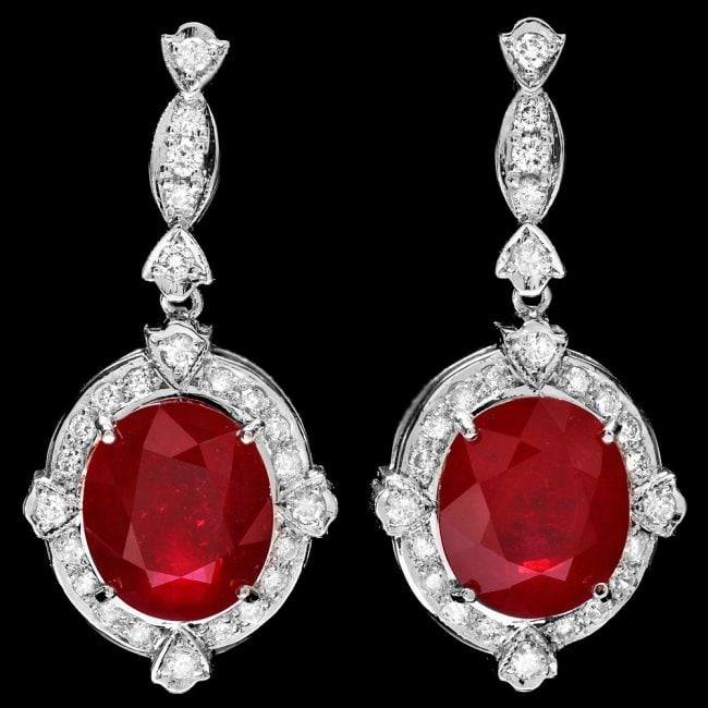 14k Gold 21.70ct Ruby 1.75ct Diamond Earrings: Retail: $16,840.00 ****** 14k Gold 21.70ct Ruby 1.75ct Diamond Earrings ****** Metal: 14k Solid White Gold / Total Item Weight: 13.5 grams / Country Made: United States / / Main Stone: Ruby / Color: R