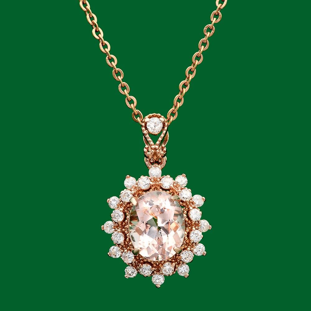 14k Gold 2.67ct Morganite 0.70ct Diamond Pendant: Retail: $3,900.00 ****** 14k Gold 2.67ct Morganite 0.70ct Diamond Pendant ****** Metal: 14k Solid Yellow Gold / Total Item Weight: 2.9 grams / Country Made: United States / / Main Stone: Morganite / C