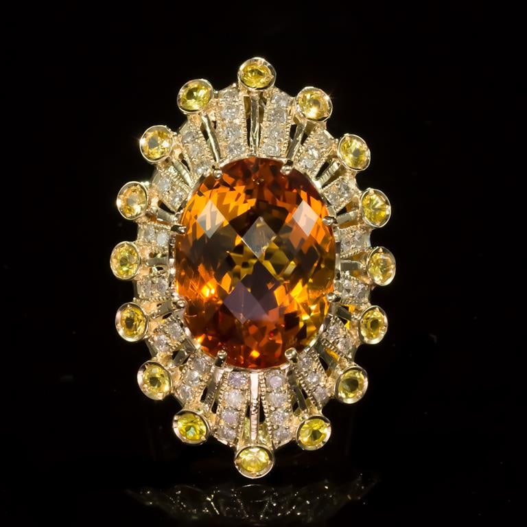 14K Gold 17.83ct Citrine, 0.90ct Yellow Sapphire 1.10ct Diamond Ring: Retail: $12,118.00 ****** Citrine, Yellow Sapphire & Diamond Ring ****** Metal: 14K Solid Yellow Gold / Total Item Weight: 14.0 grams / Country Made: United States / / Main Stone: Citrine / Color: Ora