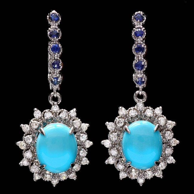 14k Gold 6ct Turquoise 1.10ct Diamond Earrings: Retail: $8,500.00 ****** 14k Gold 6ct Turquoise 1.10ct Diamond Earrings ****** Metal: 14k Solid White Gold / Total Item Weight: 8.5 grams / Country Made: United States / / Main Stone: Turquoise / Colo