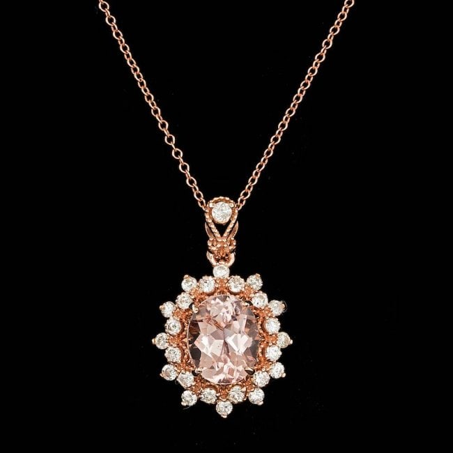 14k Rose 3.00ct Morganite 0.70ct Diamond Pendant: Retail: $4,700.00 ****** 14k Rose 3.00ct Morganite 0.70ct Diamond Pendant ****** Metal: 14k Solid Rose Gold / Size: 18 / Total Item Weight: 4.0 grams / Country Made: United States / / Main Stone: Morg