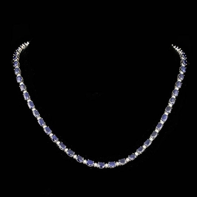 14k Gold 30.00ct Sapphire 1.35ct Diamond Necklace: Retail: $18,500.00 ****** 14k Gold 30.00ct Sapphire 1.35ct Diamond Necklace ****** Metal: 14k Solid White Gold / Size: 17 / Total Item Weight: 20.5 grams / Country Made: United States / / Main Stone: 
