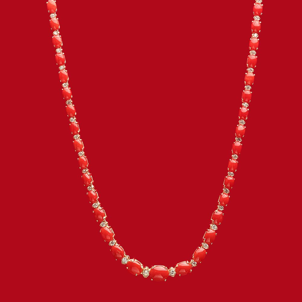 14K Gold 30.61ct Coral 1.35ct Diamond Necklace: Retail: $17,410.00 ****** 18K Gold 30.61ct Coral 1.35ct Diamond Necklace****** Metal: 14K Solid Gold / Total Item Weight: 22.0 grams / Country Made: United States / / Main Stone: Coral / Color:
