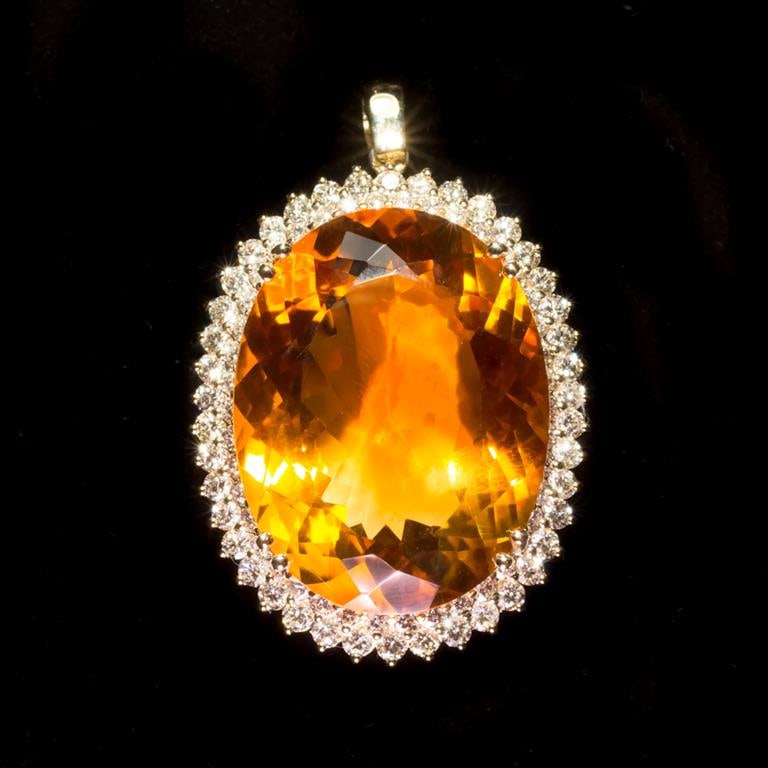 14K Gold 48.56ct Citrine 3.12ct Diamond Pendant: Retail: $27,665.00 ****** 14K Gold Citrine & Diamond Pendant ****** Metal: 14K Solid Gold / Total Item Weight: 22.9 grams / Country Made: United States / / Main Stone: Citrine / Color: Orange / Carat 