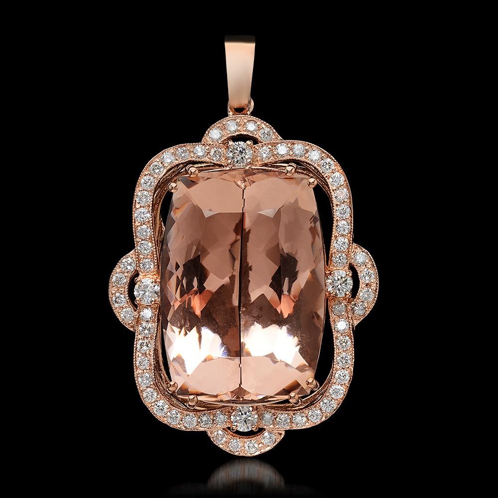 14K Gold 46.68ct Morganite 2.07ct Diamond Pendant: Retail: $35,956.00****** 14K Gold Morganite & Diamond Pendant ****** Metal: 14K Solid Gold / Total Item Weight: 21.3 grams / Country Made: United States / / Main Stone: Morganite / Color: Orangy Pink 