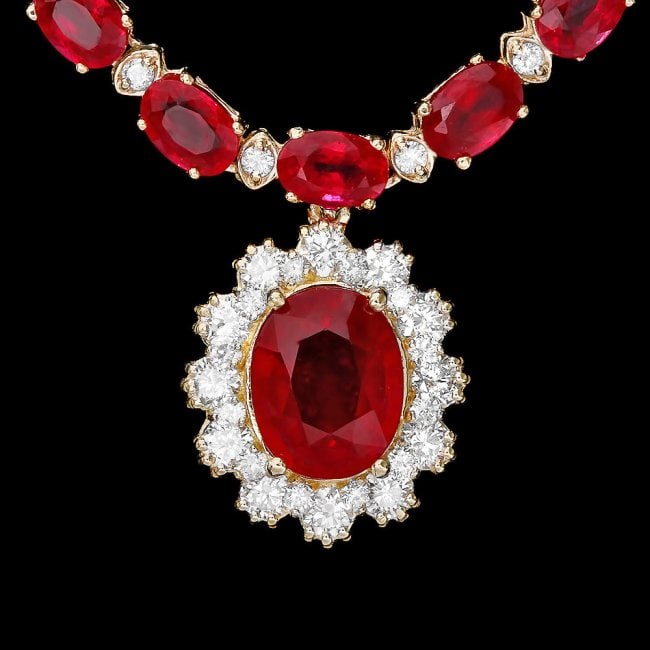 14k Gold 40.5ct Ruby 2.55ct Diamond Necklace: Retail: $23,890.00 ****** 14k Gold 40.5ct Ruby 2.55ct Diamond Necklace ****** Metal: 14k Solid Yellow Gold / Size: 17 / Total Item Weight: 25.5 grams / Country Made: United States / / Main Stone: Ruby