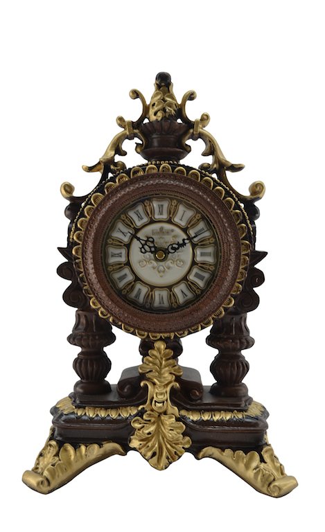 Table Clock 15"H: ZP813. LISHENG, WOODEN 15" TABLE CLOCK. ANTIQUE GOLD AND BROWN FINISH