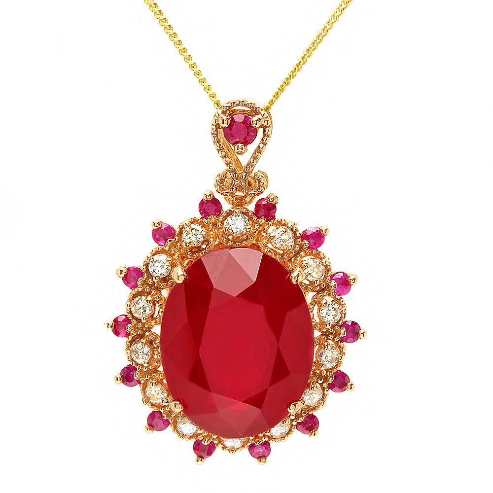 14k Rose Gold 13.45ct Ruby 0.35ct Diamond Pendant: Retail: $4,800.00 ****** 14k Rose Gold 13.45ct Ruby 0.35ct Diamond Pendant ****** Metal: 14k Solid Rose Gold / Size: 16 / Total Item Weight: 6.5 grams / Country Made: United States / / Main Stone: Rub