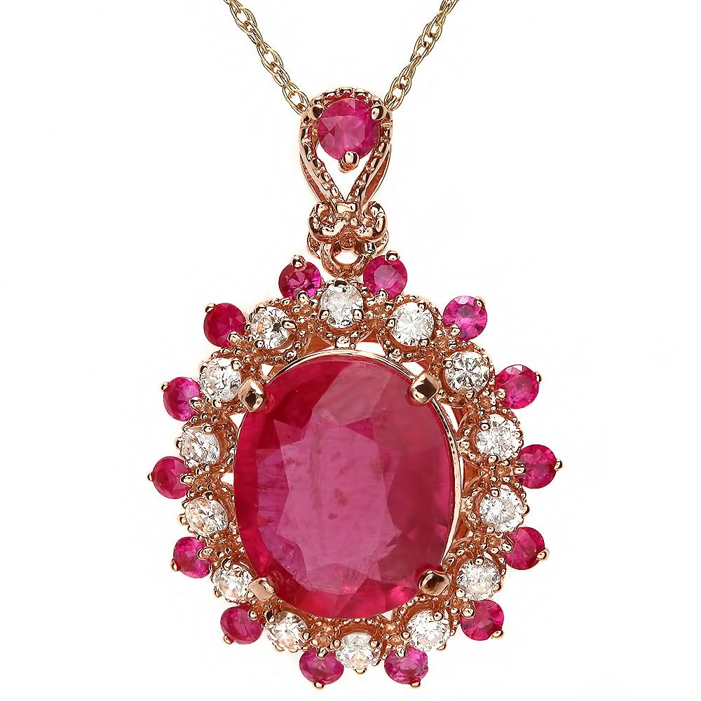 14k Rose Gold 4.6ct Ruby 0.40ct Diamond Pendant: Retail: $4,870.00 ****** 14k Rose Gold 4.6ct Ruby 0.40ct Diamond Pendant ****** Metal: 14k Solid Rose Gold / Size: 16 / Total Item Weight: 3.5 grams / Country Made: United States / / Main Stone: Ruby