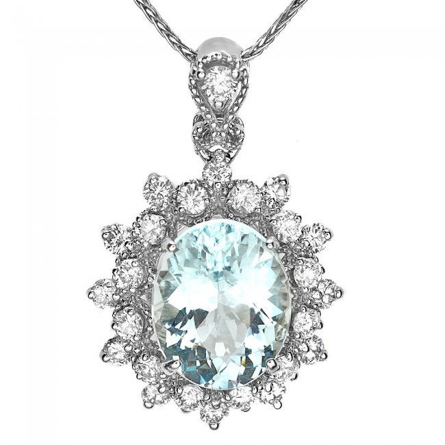 14k Gold 2.8ct Aquamarine .70ct Diamond Pendant: Retail: $6,590.00 ****** 14k Gold 2.8ct Aquamarine .70ct Diamond Pendant ****** Metal: 14k Solid White Gold / Size: 16 / Total Item Weight: 2.5 grams / Country Made: United States / / Main Stone: Aqua