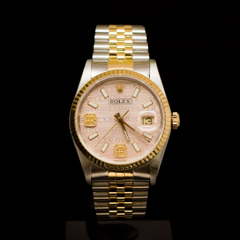 Rolex Two-Tone Datejust 36mm Custom Pink Dial, Diamonds: ****** Rolex Two-Tone Datejust 36mm Custom Pink Dial, Diamonds on 9th & 6th Hour Men's Wristwatch ****** One Mens, Rolex Two-Tone DateJust 36mm electronically tested and polished. Case: Gold/Stainless