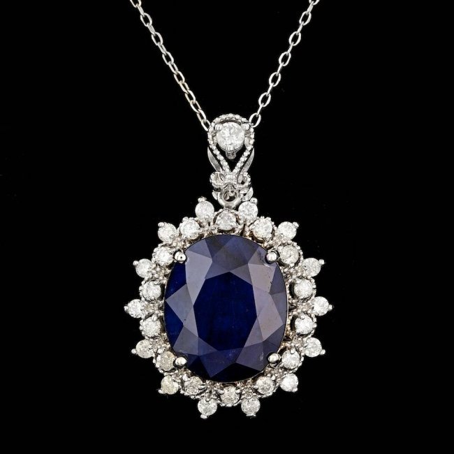 14k Gold 10.00ct Sapphire 0.80ct Diamond Pendant: Retail: $9,700.00 ****** 14k Gold 10.00ct Sapphire 0.80ct Diamond Pendant ****** Metal: 14k Solid White Gold / Size: 18 / Total Item Weight: 6.5 grams / Country Made: United States / / Main Stone: Sap