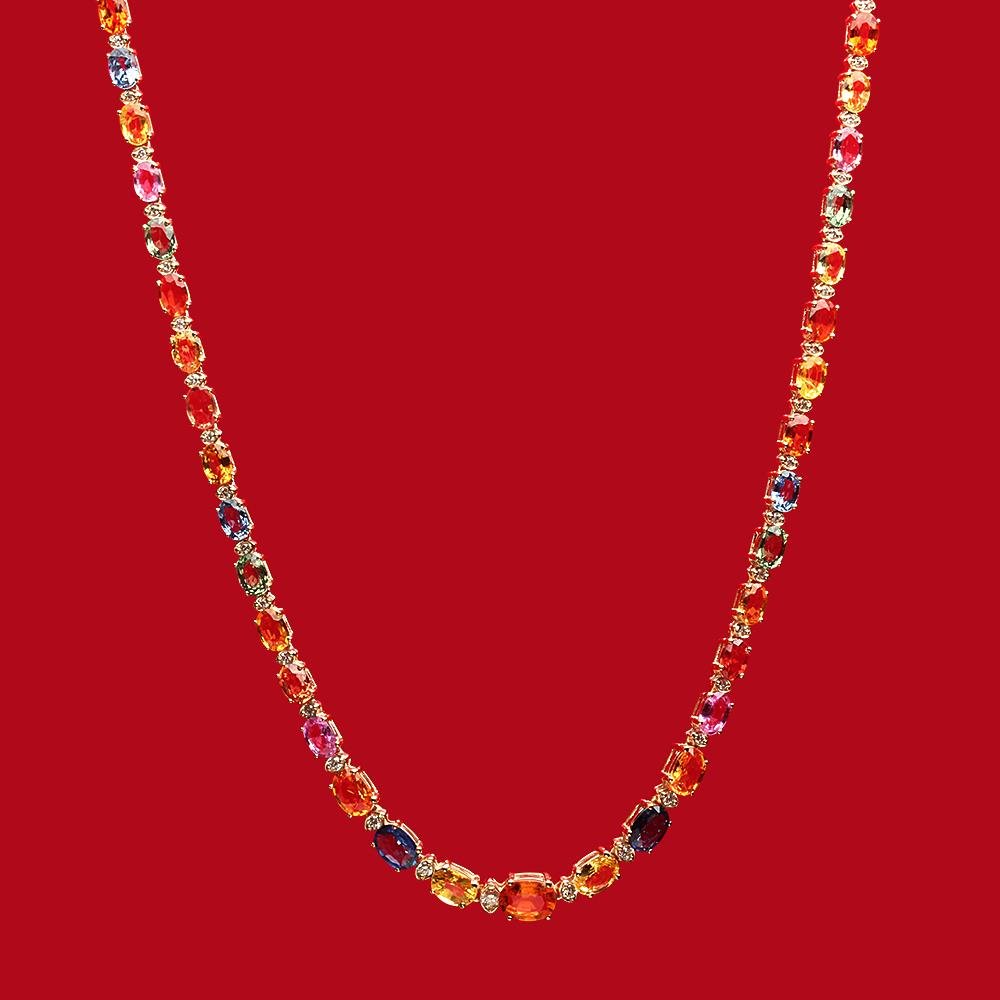 14K Gold 33.00ct Multi-Colored Sapphire 0.95ct Diamond: Retail: $18,750.00 ****** 14K Gold 33.00ct Multi-Colored Sapphire 0.95ct Diamond Necklace****** Metal: 14K Solid Gold / Total Item Weight: 21.6 grams / Country Made: United States / / Main Stone: Sapp