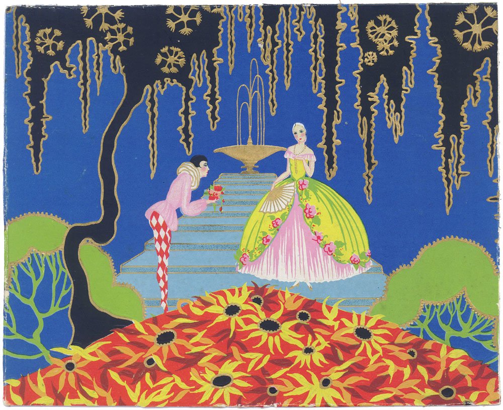 1920s Art Deco Candy Box Top-Pierrot,Girls-Hand Painted: This beautiful piece is I believe a candy or gift box top. Very art deco with nouveau influences. Highly embossed (I believe every item is which makes them all pop) with hand painting. So lovely and y