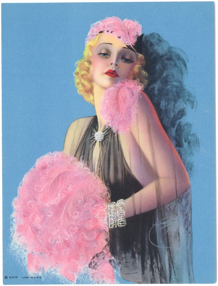 RARE 30s DEVORSS PINUP-Deco Flapper Feather Headdress: This a very rare vintage 1930s Billy Devorss pin-up print.Killer art deco blonde with feathered hat/headress and muff. Pure deco glamour.From the estate of a big pin-up collector who archived prints a