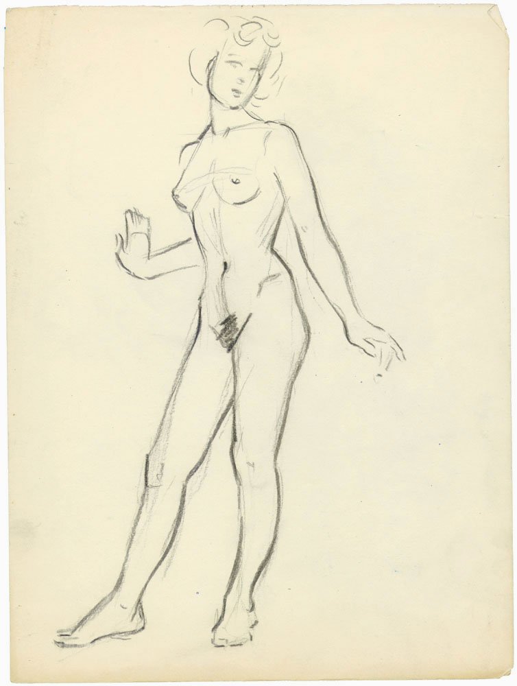 Lot of Original Vintage 1940s Nude Drawings Front/Back: This is a group of five VINTAGE drawings that we acquired approx. 15 years ago from graphic and professional artist Roy Berge of Minnesota. There are two charcoal, one ink, and two pencil. The two cha
