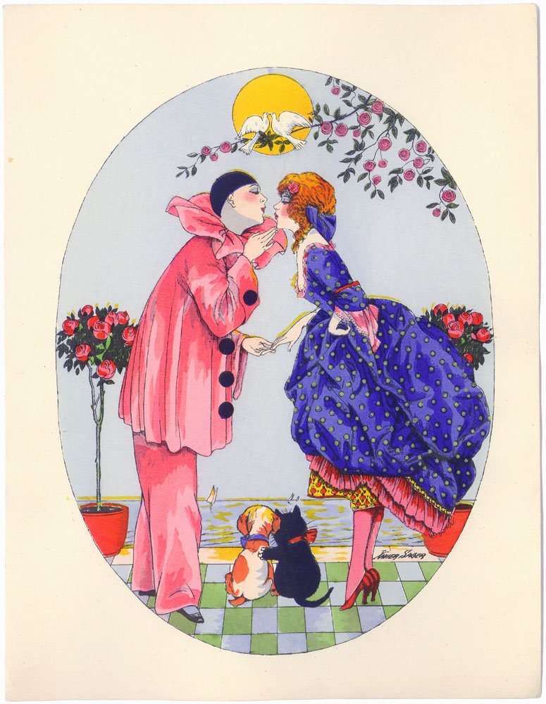 c1920s XAVIER SAGER French Pochoir Print-Pierrot & Girl: This is a VINTAGE circa 1920s French art deco pochoir by artist Xavier Sager (his name appears in lower right). It shows a beautiful redhead kissing a pierrot/harlequin with two love birds above them.