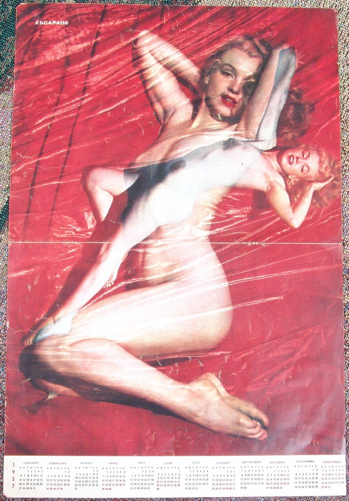 Lot Vintage 1940s Pin-Up Prints-Elvgren, Marilyn Monroe: This is a group of old pin-up items. All are VINTAGE - please read the description carefully. 1957 two-page Marilyn Monroe nude calendar from Escapade magazine (not originally from Playboy). Intact bu