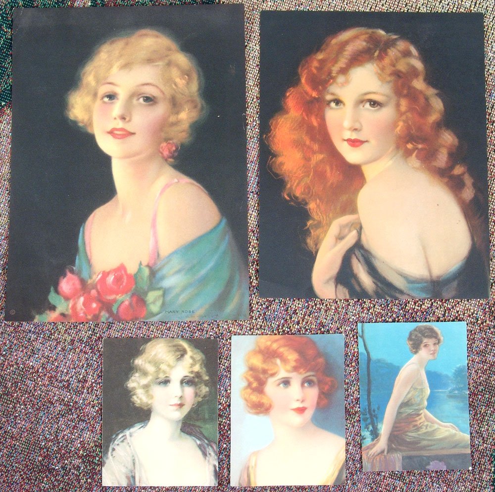 Lot Six Prints-Edwardian + Deco Girls-Stunning Beauties: This is a group of VINTAGE prints and a calendar. Three small and two large. Possibly Haskell Coffin or Gene Pressler. Very good to near-mint condition. 1954 Union 76 calendar (I believe this was prod