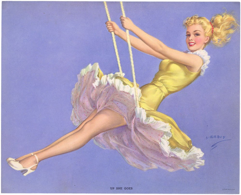 Old Vintage Pinup-ERBIT-1950s Cutest Blonde On Swing: This is a wonderful vintage 1950s Jules Erbit pin-up titled Up She Goes. Litho in U.S.A. SIZE: 10" x 8". ------------------------------------------------ We have many more pin-