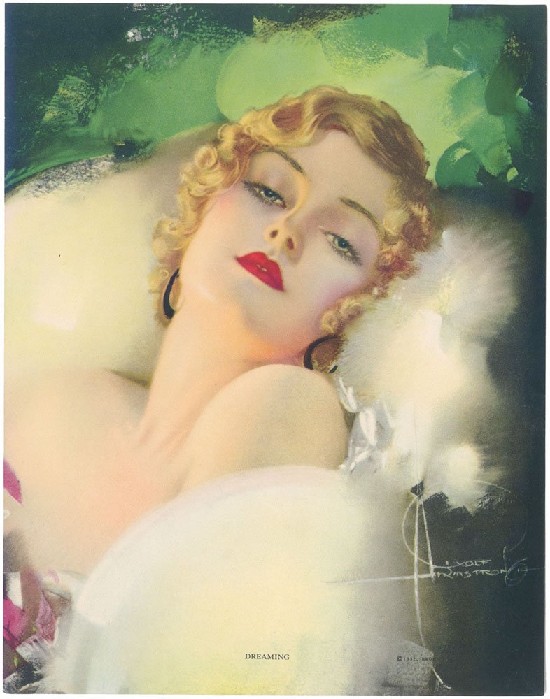 1932 Vtg ROLF ARMSTRONG Pin-Up - Most Beautiful Starlet: This is a stunning vintage 1932 glamour pin-up by Rolf Armstrong titled Dreaming. Published in 1932 by Brown & Bigelow, St. Paul, Minn. From the estate of a big pin-up collector who archived prints an