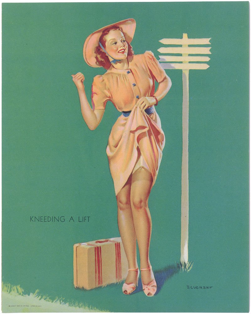 Old Vintage Pinup-ELVGREN-Risque Girl Stockings/Garter: This is a wonderful vintage 1950s Gil Elvgren pin-up titled Kneeding A Lift. Printed by Louis Dow Co., St. Paul. Litho in U.S.A. SIZE: 7 1/2" x 9". ------------------------------------------------<