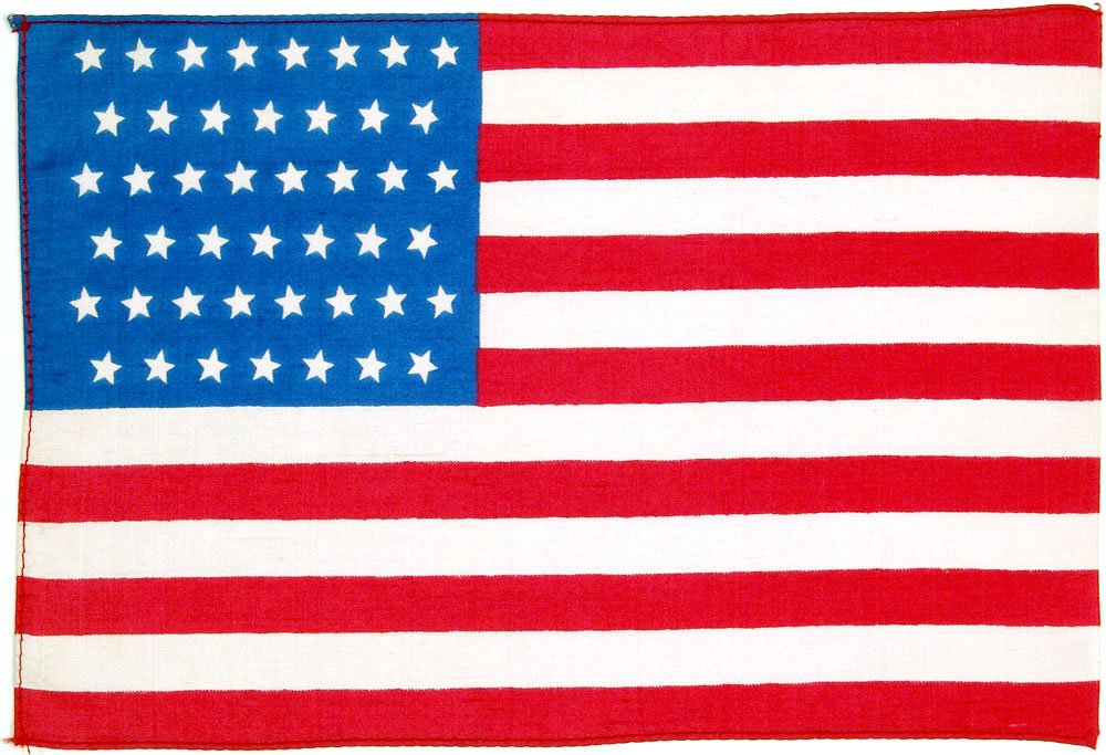 Old 45 Star Flag-MINT!-US American-Silk-c.1896-1908: This is a fantastic antique 45-star silk American parade flag with pattern of 8-7-8-7-8-7. SIZE: 10" x 6 1/2". ------------------------------------------------ We provide in-house shipping. Low