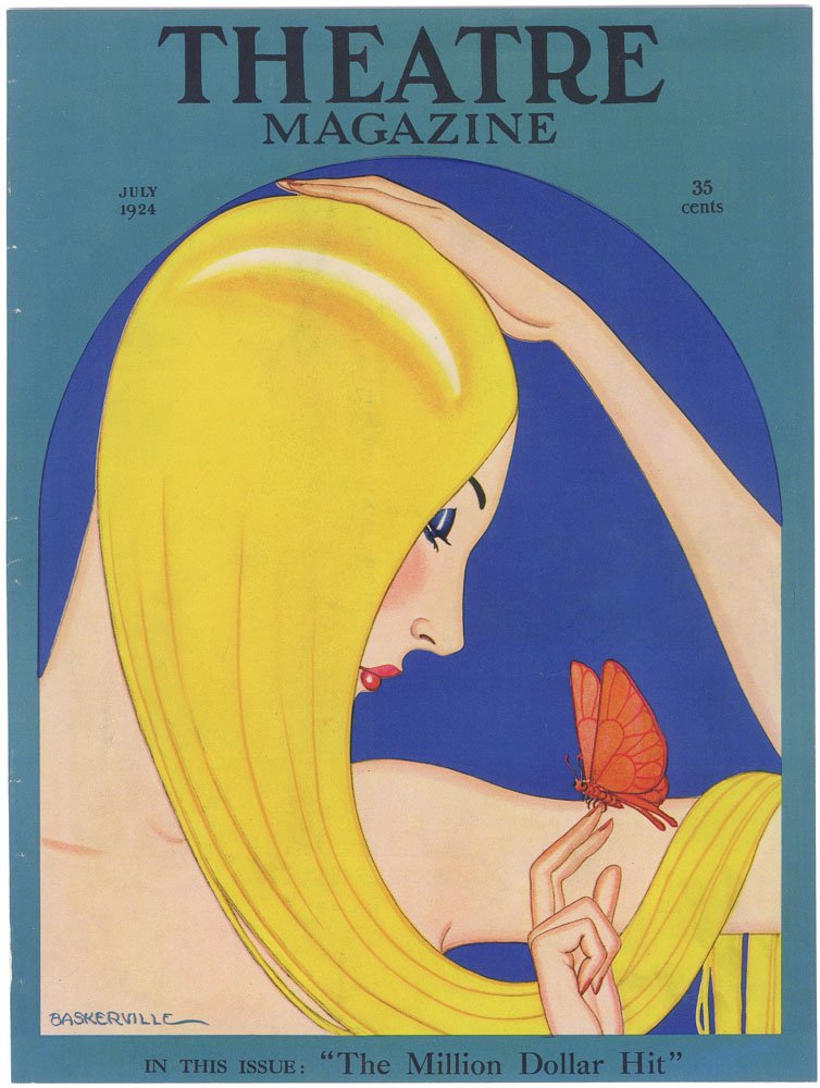 Old 1924 THEATRE Mag Cover-Art Deco Blonde w/Butterfly: This is a vintage July 1924 cover from The Dance Magazine.Art by Charles Baskerville.**Please note this is the COVER only, not the entire magazine.SIZE: Approx. 9 1/4" x 12 1/4".--------------