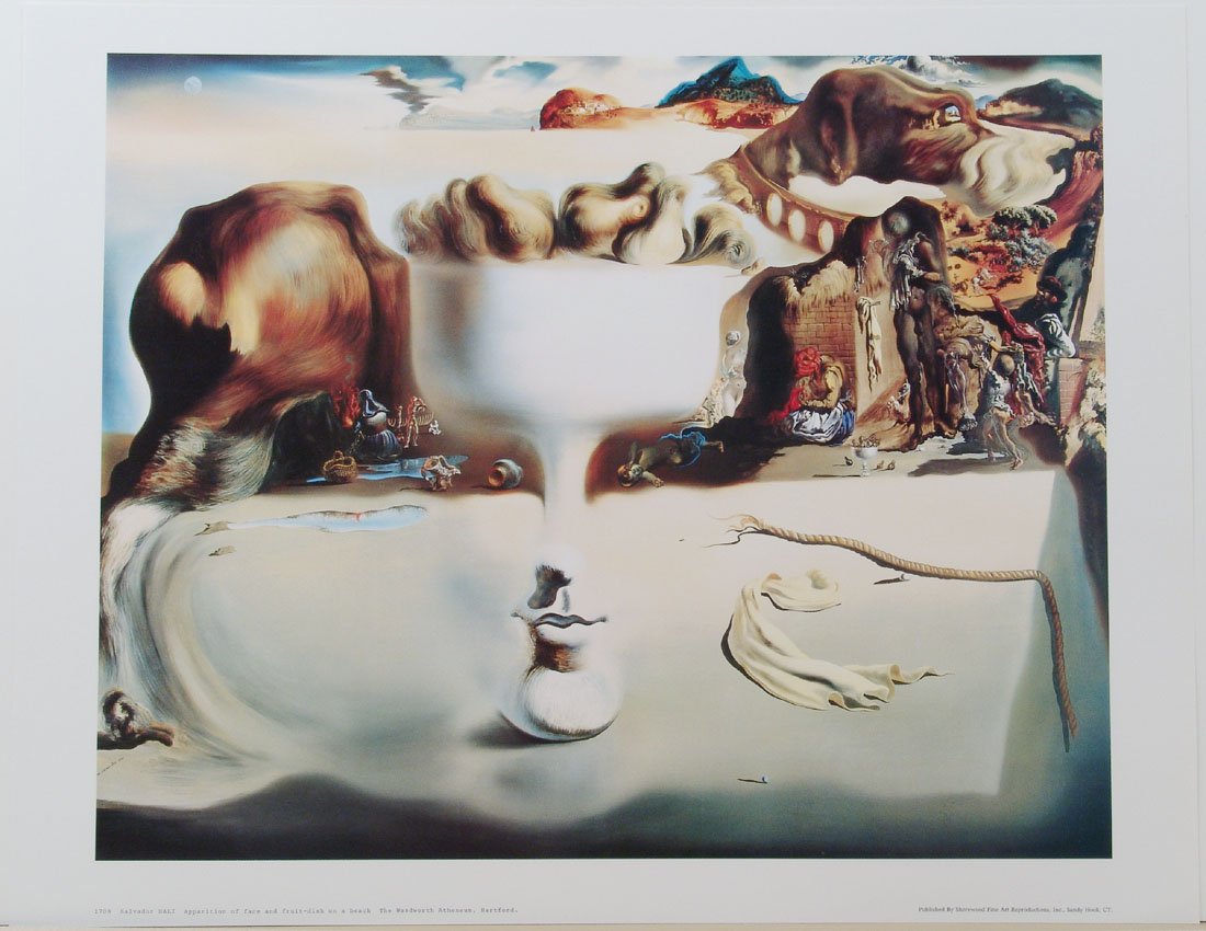 Print-Dali APPARITION OF A FACE & FRUIT-DISH ON A BEACH: This is a print from the painting by Salvador Dali titled Apparition of a Face and Fruit-Dish on a Beach. Painted in 1938. Maybe you don't like this painting at first sight. But it's a work of a geniu