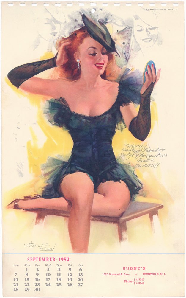 1952 Pin-Up WITHERS HOLLYWOOD - Risque Redhead Mary: This is an old vintage 1952 pin-up print by Ted Withers (signed Withers Hollywood).Super hot September 1952 calendar page.Brown & Bigelow, St. Paul, Minn.Printed in U.S.A.Calendar printed for BUDNY'S,