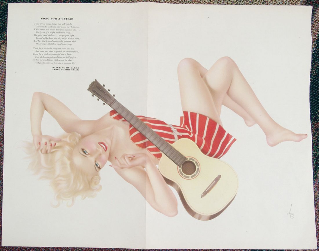 WWII Varga Pin-Up-Esquire Centerfold-Long Legs Blonde: This is a vintage 1942 Alberto Varga pin-up with verse by Phil Stack titled Song For A Guitar. This beautiful blonde with guitar (or ukulele?) will most definitely inspire you to sing! Centerfold fr