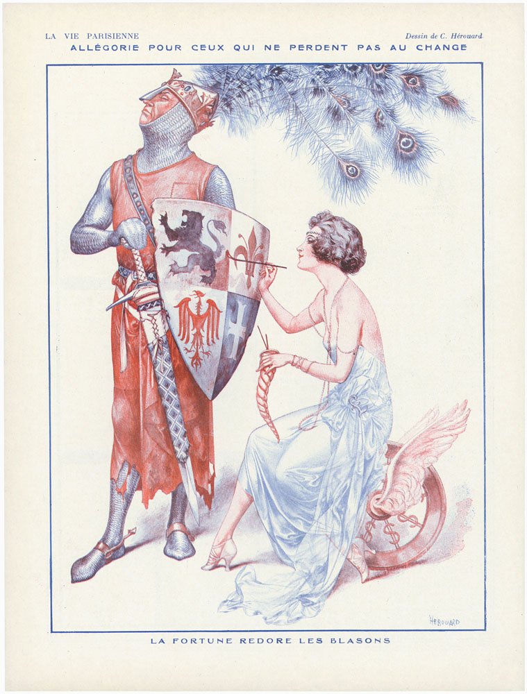 LA VIE PARISIENNE 1923 Print-Girl Paints Shield-Knight: This a vintage 1923 Art Deco French print from the erotic French magazine La Vie Parisienne. Great image of a flapper painting the coat of arms of a knight in armor. La fortune redore les Blasons. (Fo