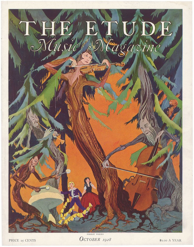 Vtg 1928 ETUDE Cover - Trees Play Cello, Violin, Drums: This is a vintage October 1928 Art Deco cover from The Etude Music Magazine. Cover art titled Forest Voices. Looks like a musical interpretation of Hansel and Gretel. **Please note this is the COV