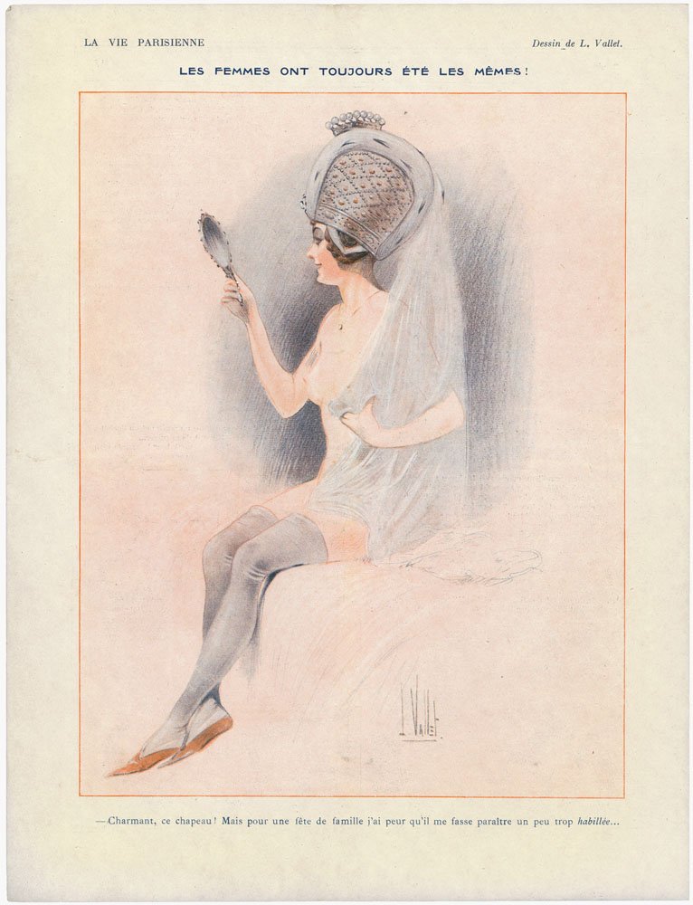 LA VIE PARISIENNE 1916 Risque Print-Nude with Mirror: This a vintage 1916 Art Deco French print from the erotic French magazine La Vie Parisienne.Titled Les Femmes Ont Toujours Ete Les Memes! This is a rarer illustration from this magazine. This is a qu