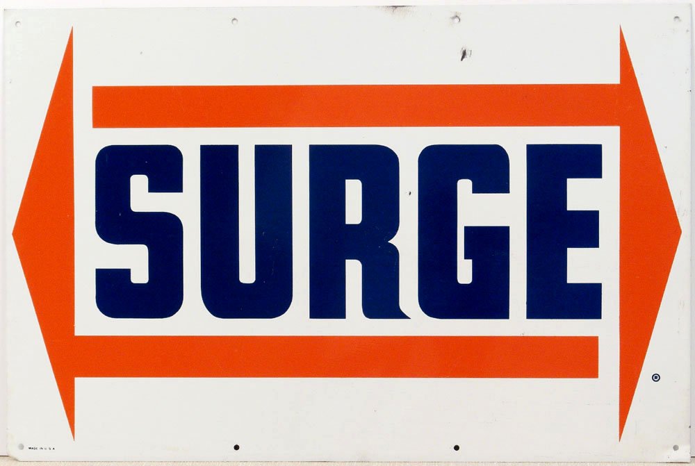 Old c1960s SURGE Sign-Tin Advertising Milker Dairy: This is a vintage Surge tin sign. Super vintage metal sign circa 1960s - SURGE dairy milker sign.Bright orange graphics and blue text on white background. SIZE: Approx. 18" x 12". -------------------