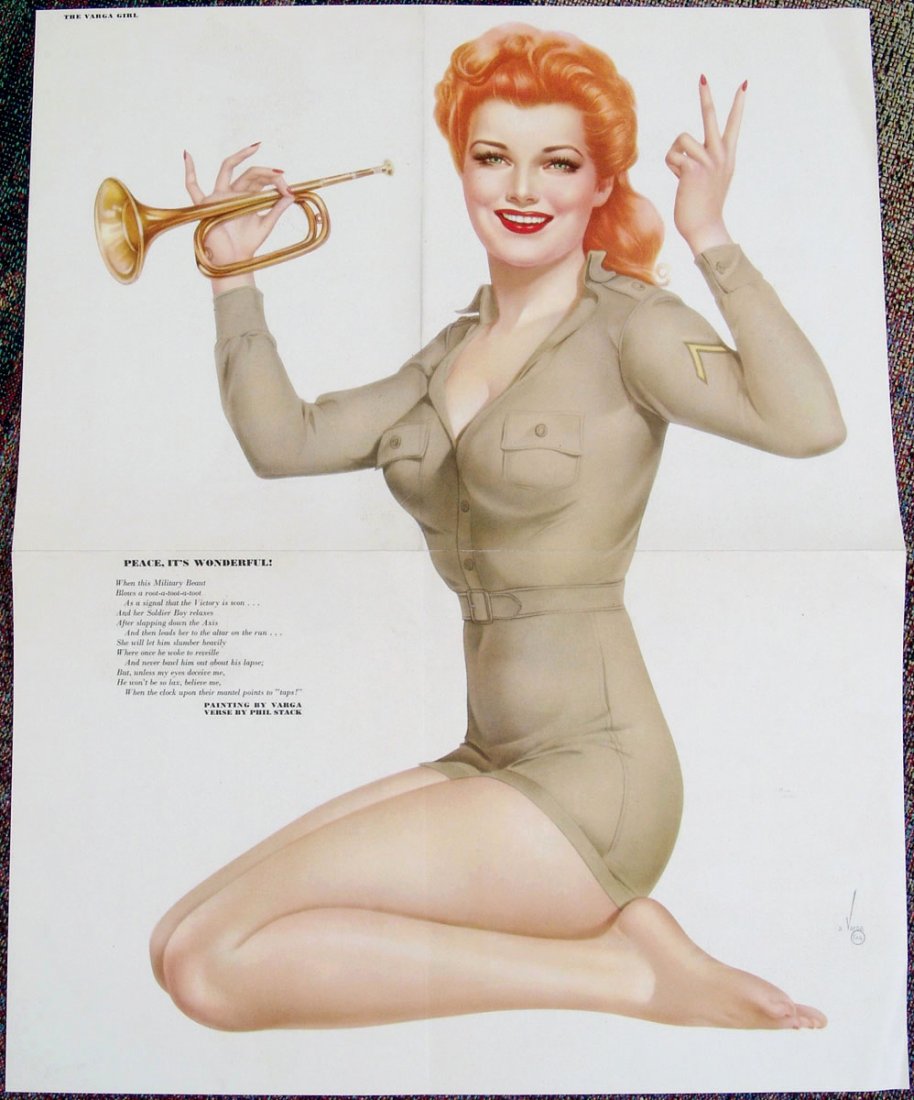 1940s WWII VARGA Pin-Up - Peace - Victory Redhead: This is a vintage 1940s Alberto Varga pin-up with verse by Phil Stack titled Peace, It's Wonderful!. Centerfold from Esquire magazine. Great colors.From the estate of a big pin-up collector who archiv