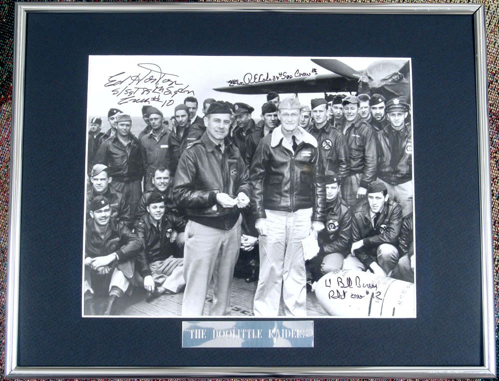 Framed DOOLITTLE RAIDERS WWII Signed Photo: This is a framed 8x10 photograph of the "Doolittle Raiders." It was hand-signed in person by three members of the group - 2nd Lt. Richard Cole (Co-Pilot, Crew #1 with Doolittle), Lt. Bill Bower (Pilot