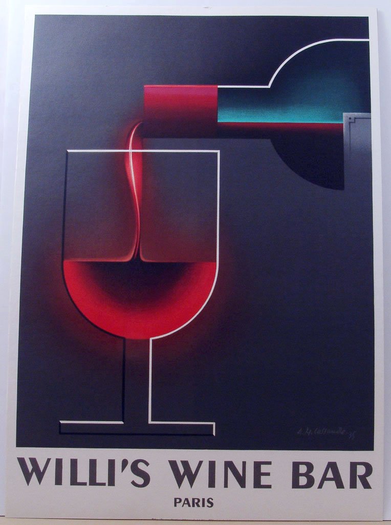 Rare 1st Edition WILLI'S WINE BAR Poster from France: This is a rare 1984 French lithograph for Willi's Wine Bar in Paris featuring artwork by A.M. Cassandre. First edition. Purchased in Paris. Beautiful colors. It would be a great addtion for a bar. Mou