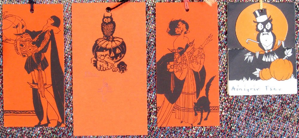 Lot-1930s Halloween Tally Cards-Invitation-Jack Lantern: This is a vintage lot of four items: 2 Buzza Co tally cards--near mint condition. 1 standing Tally card--Owl in top hat. Very good condition with light wear. 1 litho card with Halloween invitation wri