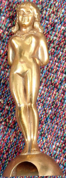 Old Deco Nude Girl Finial/Lighter/Ashtray Figural: This is a vintage lighter or ashtray nude figural decor piece. High quality - very detailed. There are two holes in the bottom where it would have been attached - maybe by screws. SIZE: Approx. 3 3/4"