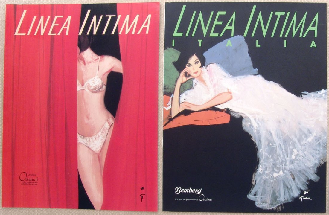 Lot 1980s LINEA INTIMA Italian Lingerie GRUAU Risque: This is a vintage 1980s lot of two covers from the Italian lingerie magazine Linea Intima. Beautiful sexy illustrations--all by Rene Gruau. The reverse sides have full color ads for Maglierie Manufat.