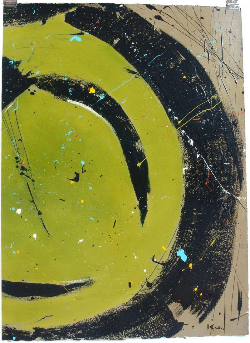 Original Acid Green Modern Abstract Painting by HOFFMAN: This is an original abstract painting by Hoffman. Hand-signed. Painted on thick paper, this piece has texture from swirls and globs and has a glossy finish. SIZE: 21 1/2" x 30".---------------------