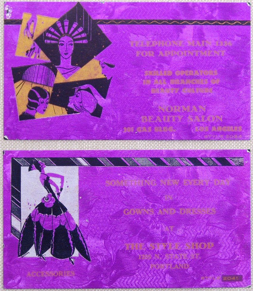 Old ART DECO Blotters Stunning Graphics BEAUTY/FASHION: These are two vintage art deco blotters. One from the 'Norman Beauty Salon' in Los Angeles - "Skilled Operators in all Branches of Beauty Culture" and one from 'The Style Shop' in Portland Oregon - "S