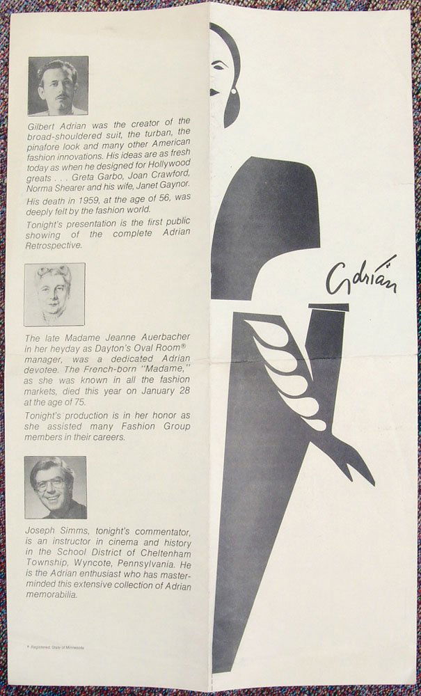 1960s Exhibition Brochure The 1st ADRIAN RETROSPECTIVE: This is a vintage 1960s 1st Adrian Retrospective exhibition brochure.Unique folded brochure for the famous Gilbert Adrian circa 1960s, for the first public showing of the complete Adrian retrospective