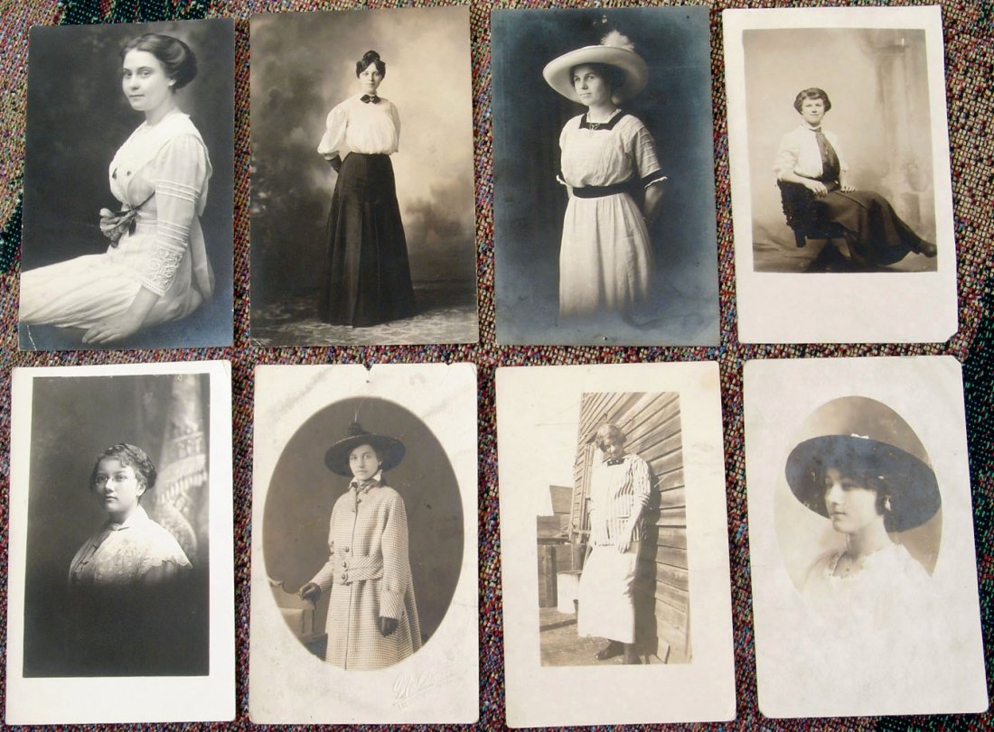 8 Lot RPPC c1910 Cute Girls Postcards Edwardian Dress: This is a lot of eight vintage circa 1910 real photo postcards with divided backs. SIZE: Approx. 3 1/2" x 5 1/2". **More lots listed from a Minnesota estate collecting local paper ephemera** ---------