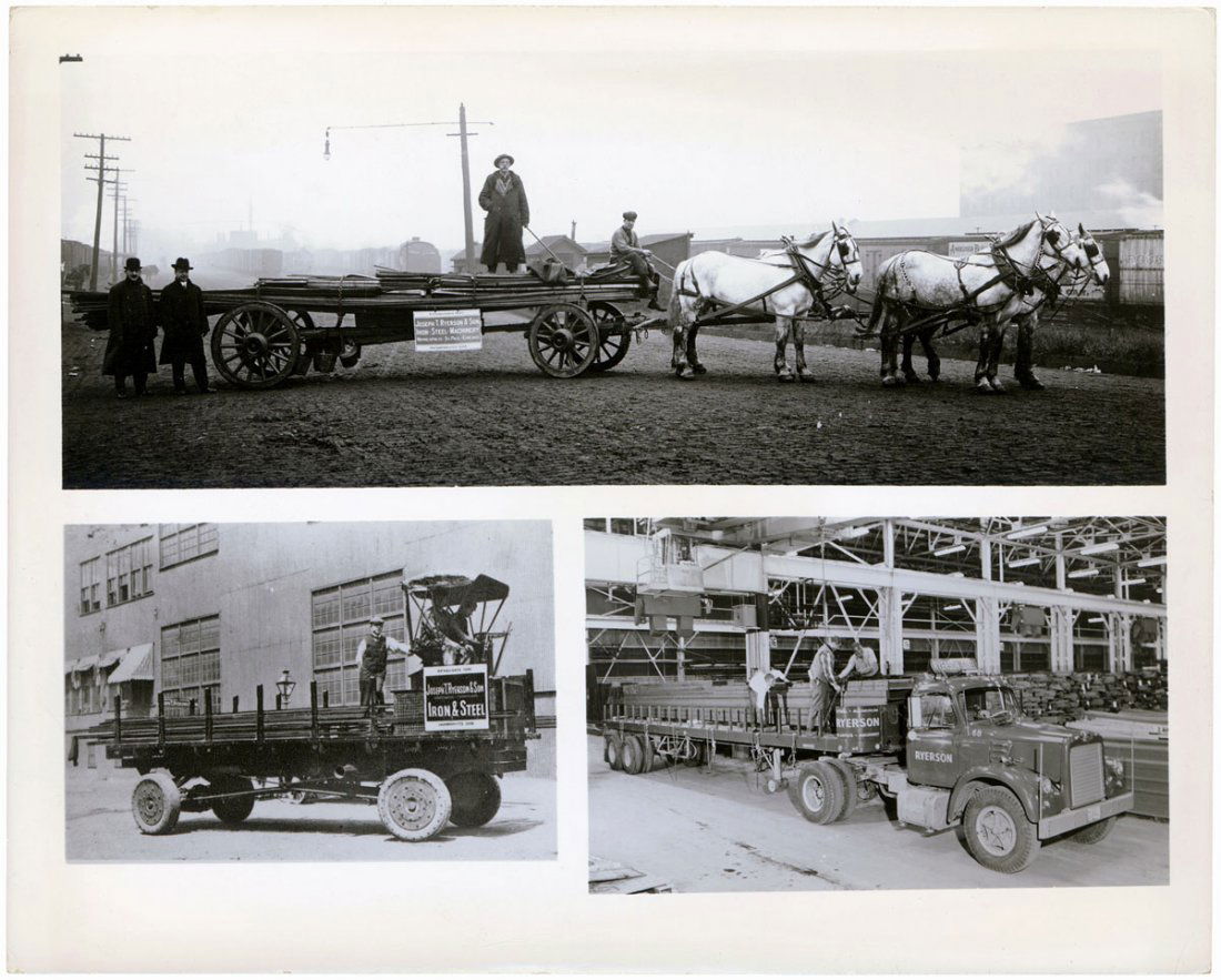 Old Photo RYERSON CO. IRON/STEEL Horses to Diesel Truck: This is a vintage photo of the evolution of the means of transport used by Ryerson Co. Iron & Steel.Starts with a flat wagon drawn by a team of horses, progresses to a steam engine, then ends with a t
