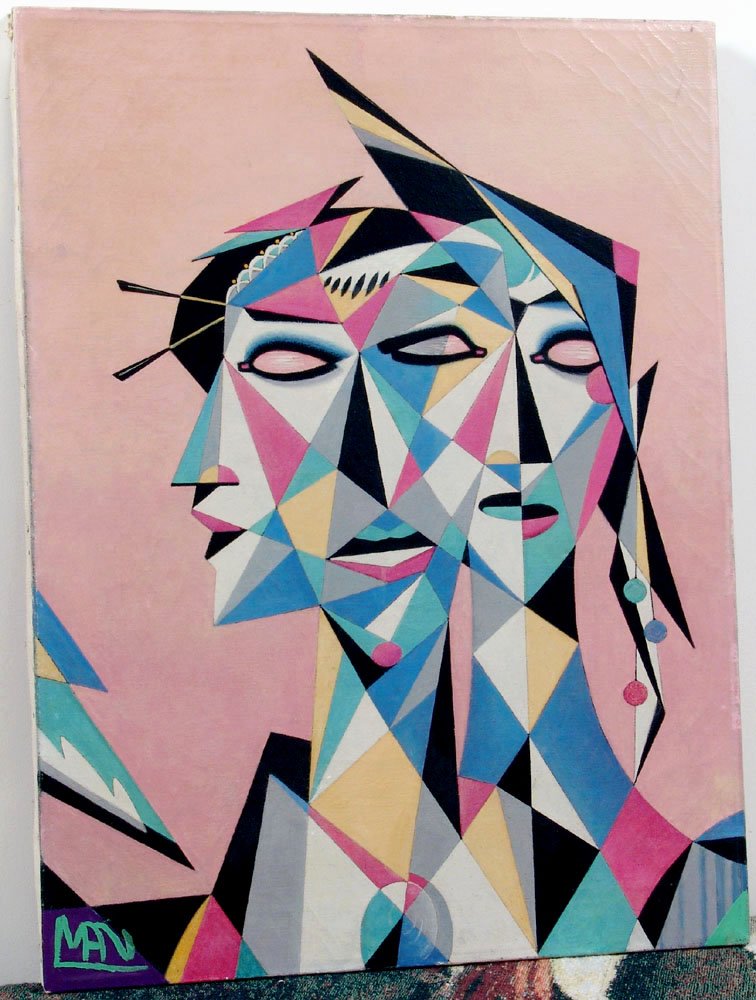 Coolest 1950s Oil Painting Abstract Cubist 3 Heads Sgnd: This is one of the coolest mid-century modern art pieces we have come across. Original 1959 oil painting on canvas--abstract/cubist, Picasso-like. Fantastic classic colors of the time. This is a "head
