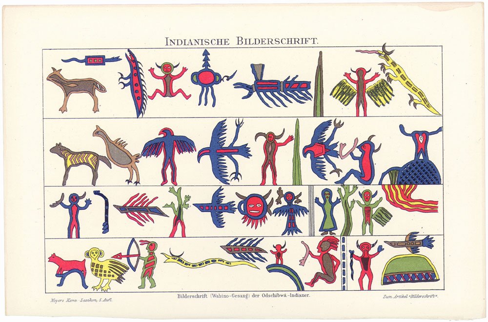 19C German Print Ojibwa American Indian Picture Writing: This is an antique 19th century (c1895) lithograph print titled INDIANISCHE BILDERSCHRIFT (INDIAN PICTURE WRITING). BILDERSCHRIFT (Wabino-Gesang) der Odschibwa-Indianer. By Meyers Kono-Lexicon. SIZE: 
