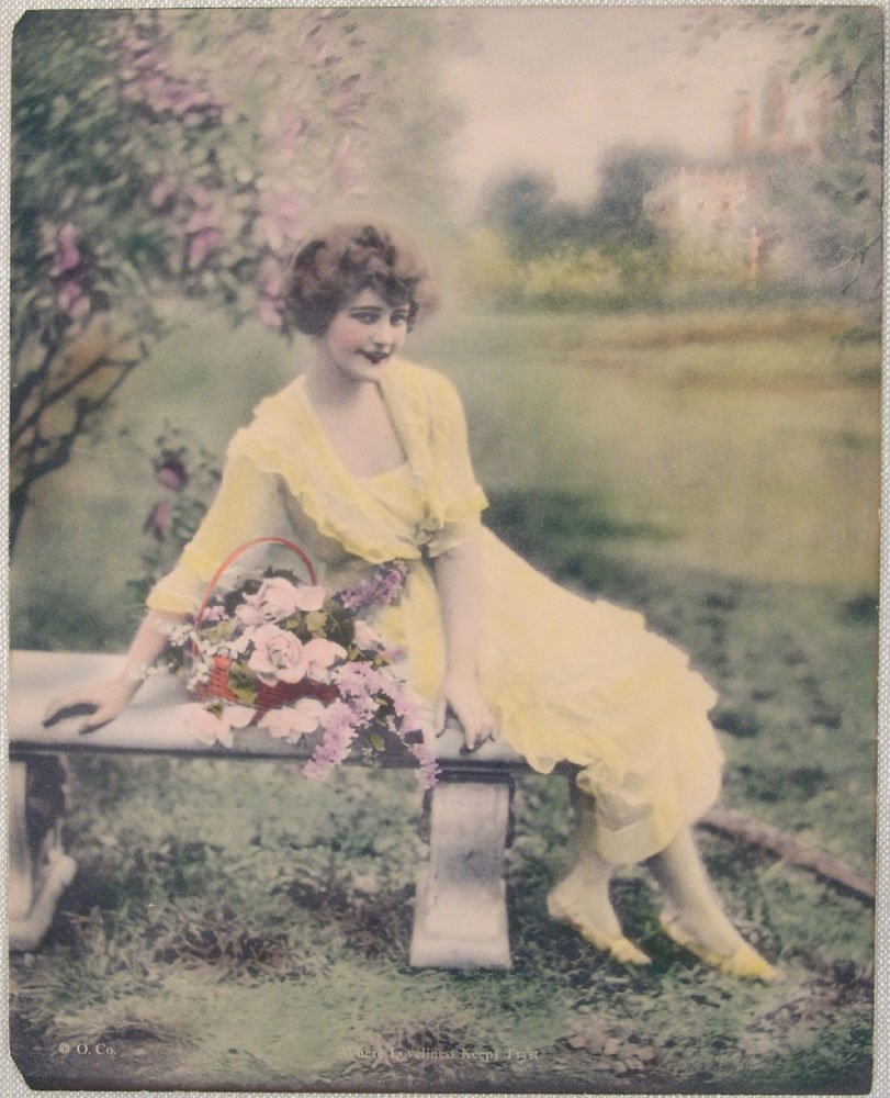 Antique Edwardian Photo Hand Painted Print Lovely Girl: This is an antique Edwardian hand-painted photo print. A lovely girl in a yellow dress with a bouquet of flowers.Soft colors and what looks like English gardens in the background. The title is 'Where 